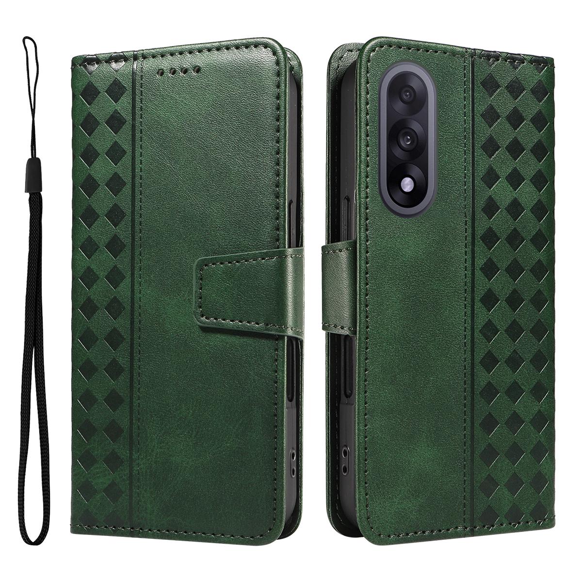 

For OnePlus Nord 5 5G/OnePlus Ace 5 Ultra 5G Leather Case Wallet Stand Grids Imprinted Phone Cover with Strap Green