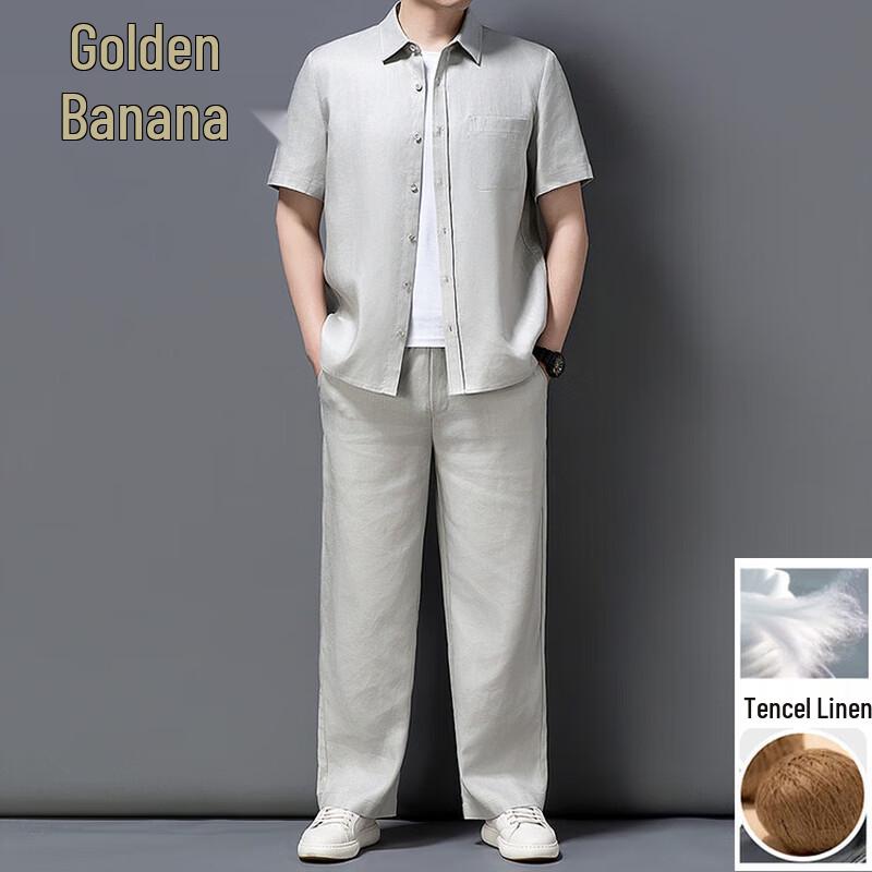 Men s Linen Lyocell Shirt & Shorts Set M