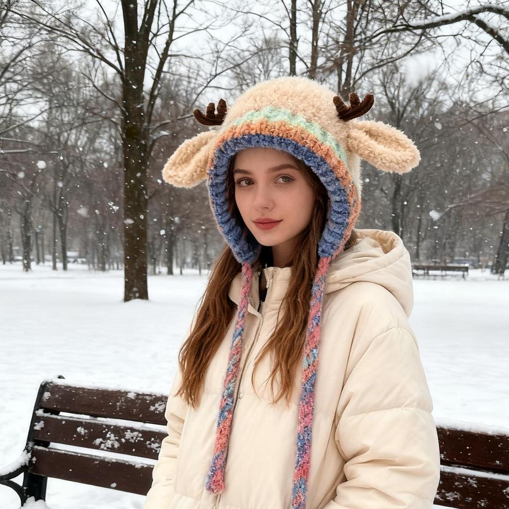 Deer Plush Hats Warm Windproof Knit Caps Plush Warm Antler Hat For Women Girls Teens Children Travel Holiday Outdoor
