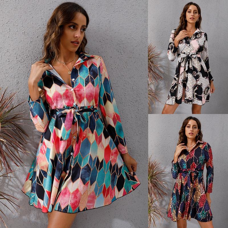 Fall Geometric Lace-up Single-breasted Long-sleeved Dress