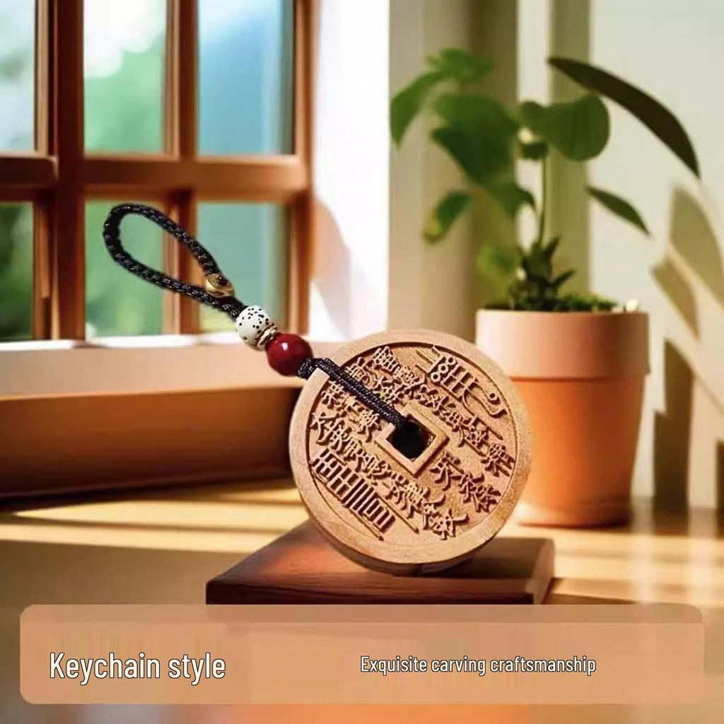 Natural Lightning-Struck Peach Wood Ghost Coin Pendant Necklace with Bagua Charm for Safety