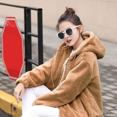 Winter Women Jacket Thick Plush Faux Rabbit Fur Mid Length Hooded with Pockets Long Sleeves Windproof Zip-up Cardigan Coat