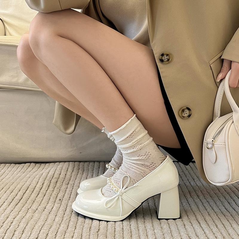 Casual Mary Jane Women's Shoes Summer New Bow Retro French High Heels Thick Heel Round Head Single Shoes Small Leather Shoes Women