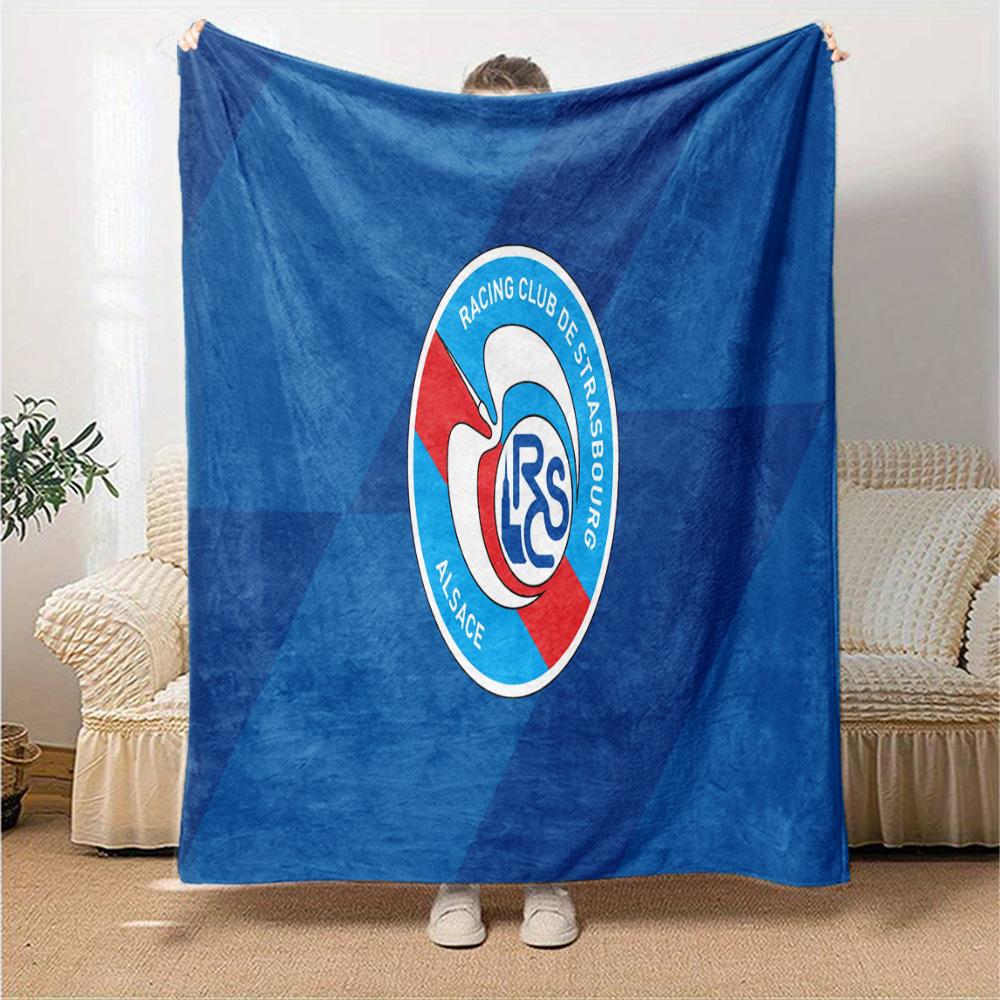 Racing Club Strasbourg Crest Flannel Blanket, Soft Polyester, Modern Design, All-Season for Camping, Travel, Gifts for Holidays or Birthdays
