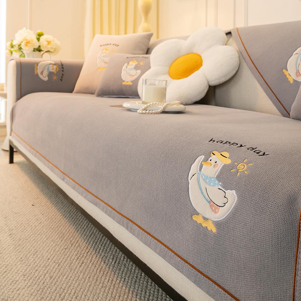 Embroidery Cartoon Duck Sofa Cushion Universal In All Seasons  New Chenille Fixed Non-Slip Sofa Seat Cushion Cover Cloth