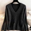Aulude Elegant Slim‑Fit V‑Neck Sweater, Gold Decor Cuffs Ladies Fall Winter Knitwear