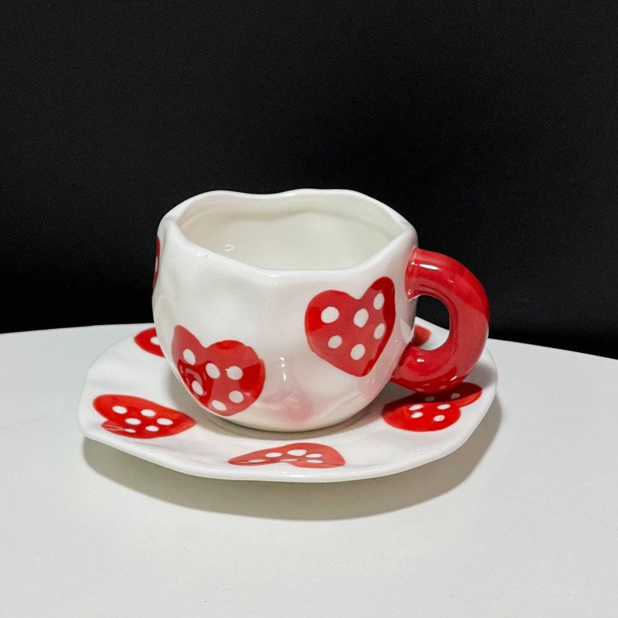 High-Value Hand-Pinched Irregular Underglaze Color Hand-Painted Flower Love Ceramic Coffee Cup Saucer Exquisite Afternoon Tea Cup Saucer