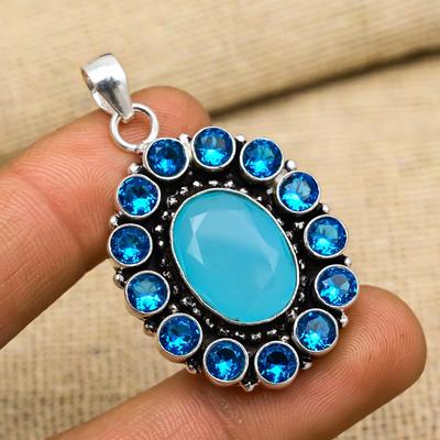 Calcédoine Bleue, Pierre Précieuse Topaze Bleue Argent Sterling Massif 925 Bijou Pendentif Pour Cadeau de Mariage