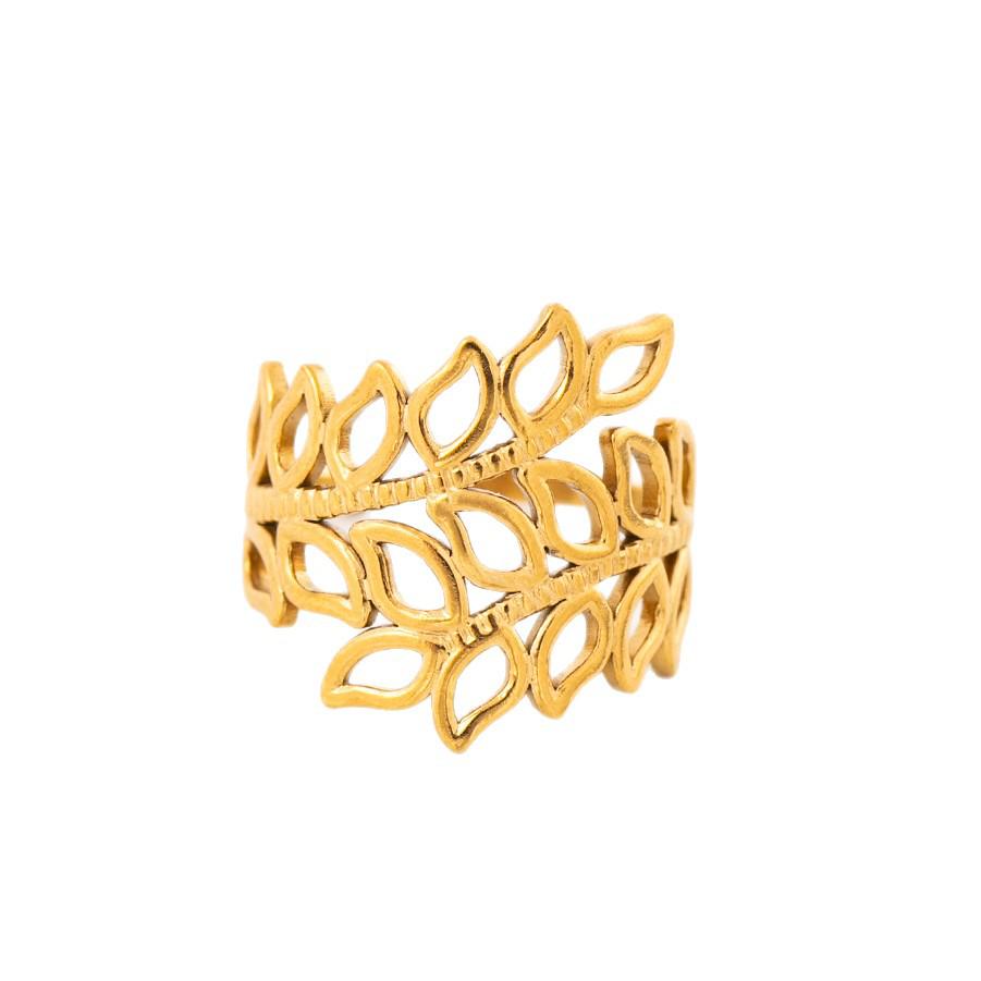 Gold Plated Leaf Design Adjustable Stainless Steel Ring for Women