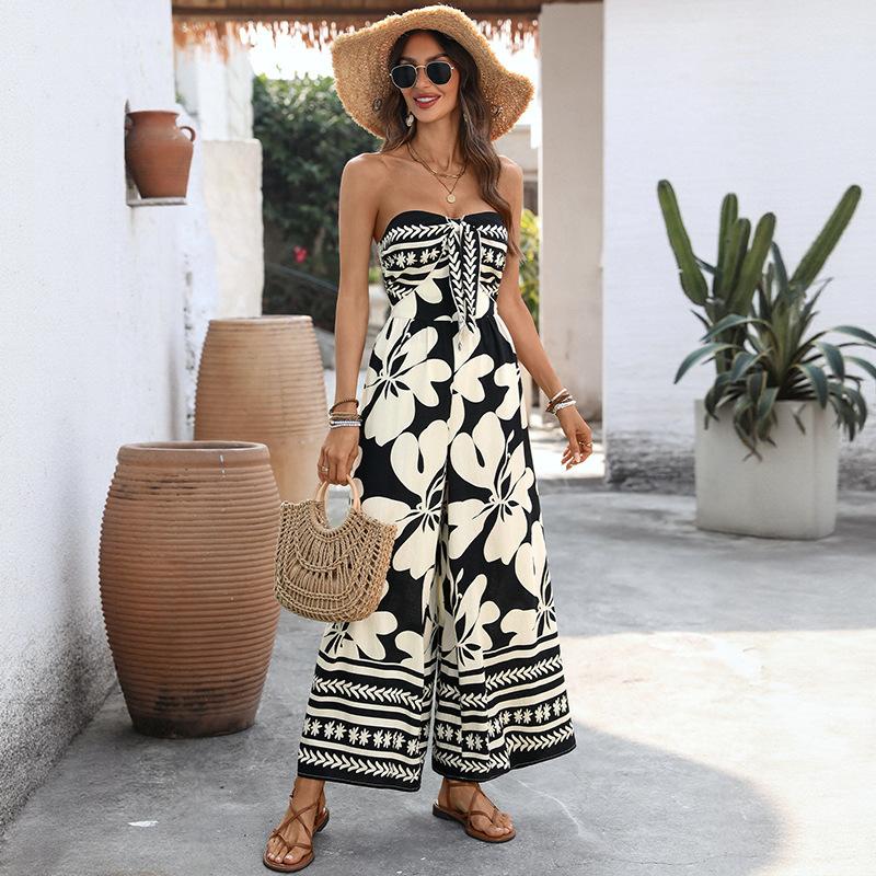 Tute sexy da donna senza spalline, scollatura Bardot, stampa floreale tropicale, gamba larga, abiti interi, outfit per le vacanze estive