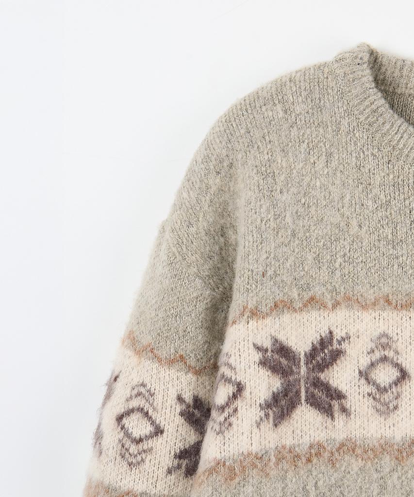 NODU Snow Nordic Snowflake Round Knit [Beige]
