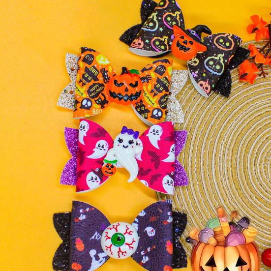 Festive Hair Styling Tools Halloween Glitter Bow Clips for Kids Baby Girls, Double Layer Shiny Party Barrettes Ghost/Pumpkin/Eyeball Bowtie
