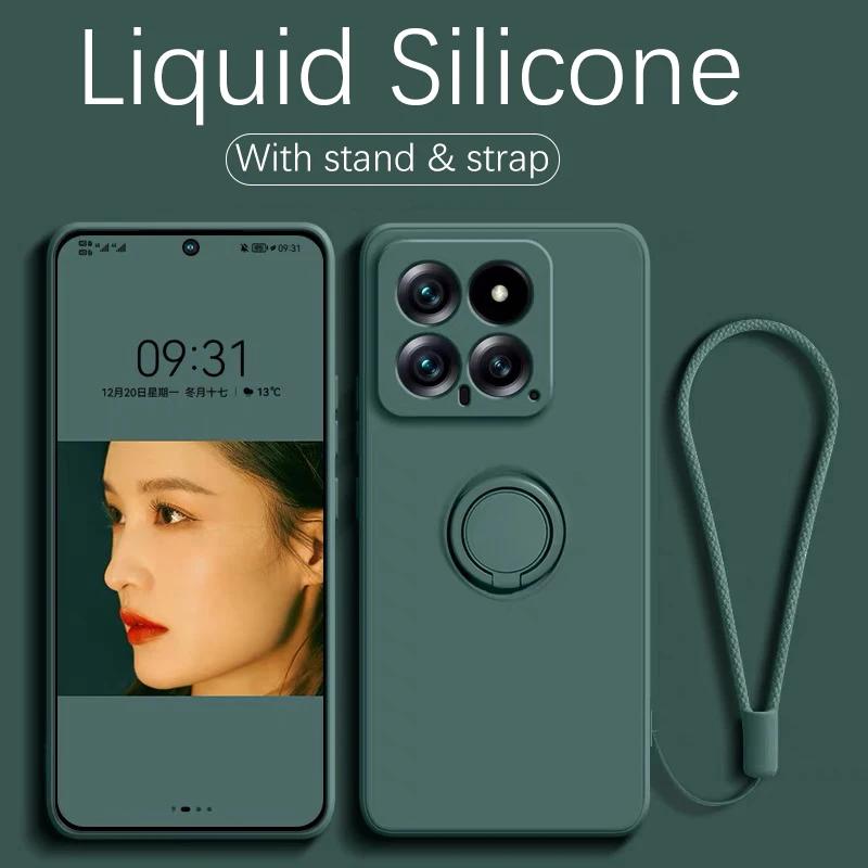 Liquid Silicone Case For Xiaomi 14T Pro 360 ° Rotating Ring Holder Cover For Xiaomi 15 14 13 12 13T 12T Pro Fundas With Strap