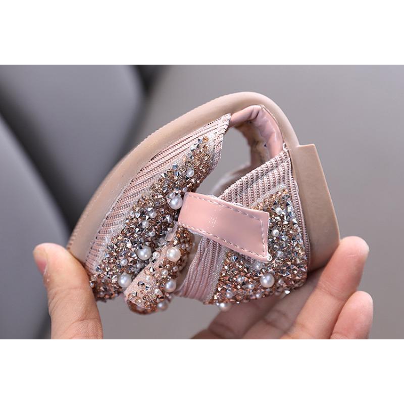 Girls Single Shoes Spring Autumn Pearl Rhinestone Bow Dance Performance Shoes Half Sandals for Little and Middle Kid