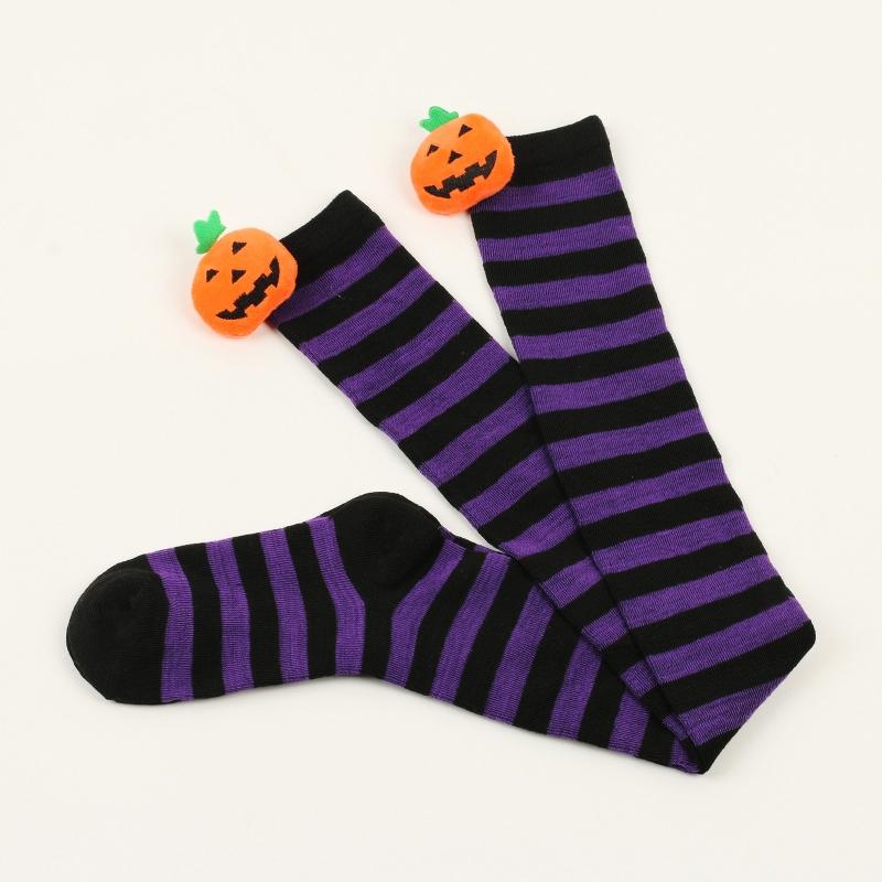 Women Halloween Over Knee Long Socks Cute 3D Wicked Evil Pumpkin Striped Print Thigh High Stockings Holiday Hosiery
