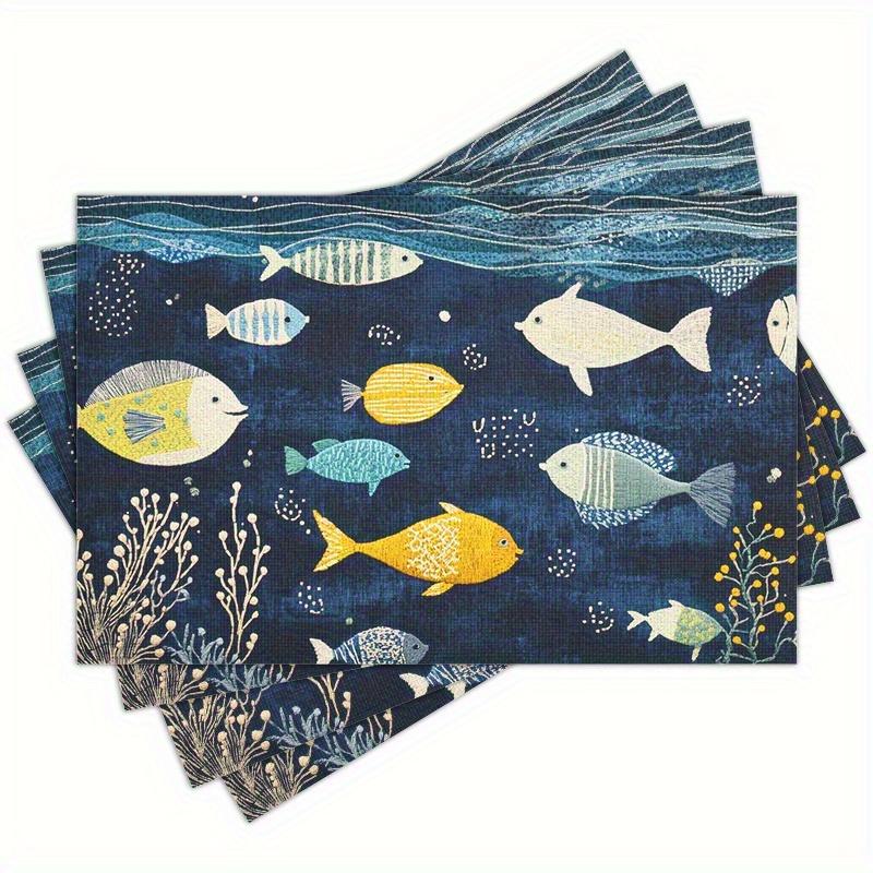 4pcs Linen Placemats Set, Underwater World Fish Design 12x18 Inches, Perfect for Kitchen & Dining Room Decor, Family Gatherings, Parties, and Home