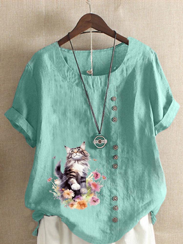 Women's Fashion Floral Cat Print Round Neck Short Sleeve T-shirt Casual Cotton Linen Graphic Shirt Leisure Loose Summer Blouse Tops