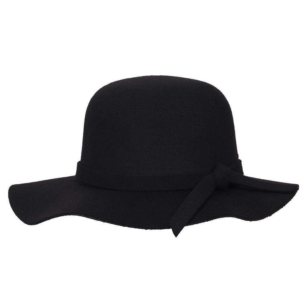 Female Hat French Retro Bowler Hat Women Wide-brimmed Wavy Fedora Hat Autumn and Winter Bow Hat Hat Adult Children Hat