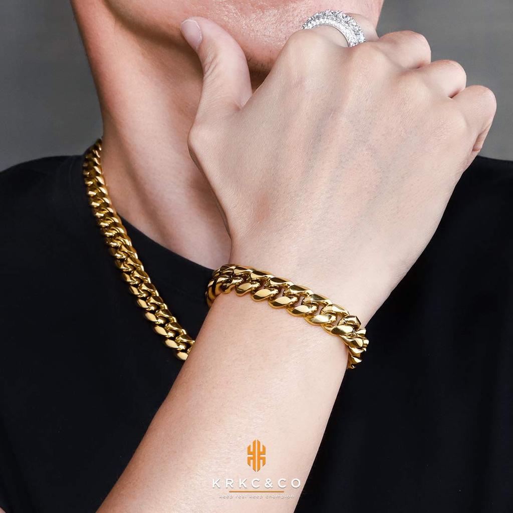 Cuban Link Necklace Bracelet for 12mm Miami Cuban 18k Cuban HIPHOP Christmas Gold [ARINO] SetKRKC&CO & Men, Wide, Chain, Gold, Link, Style, Gift,