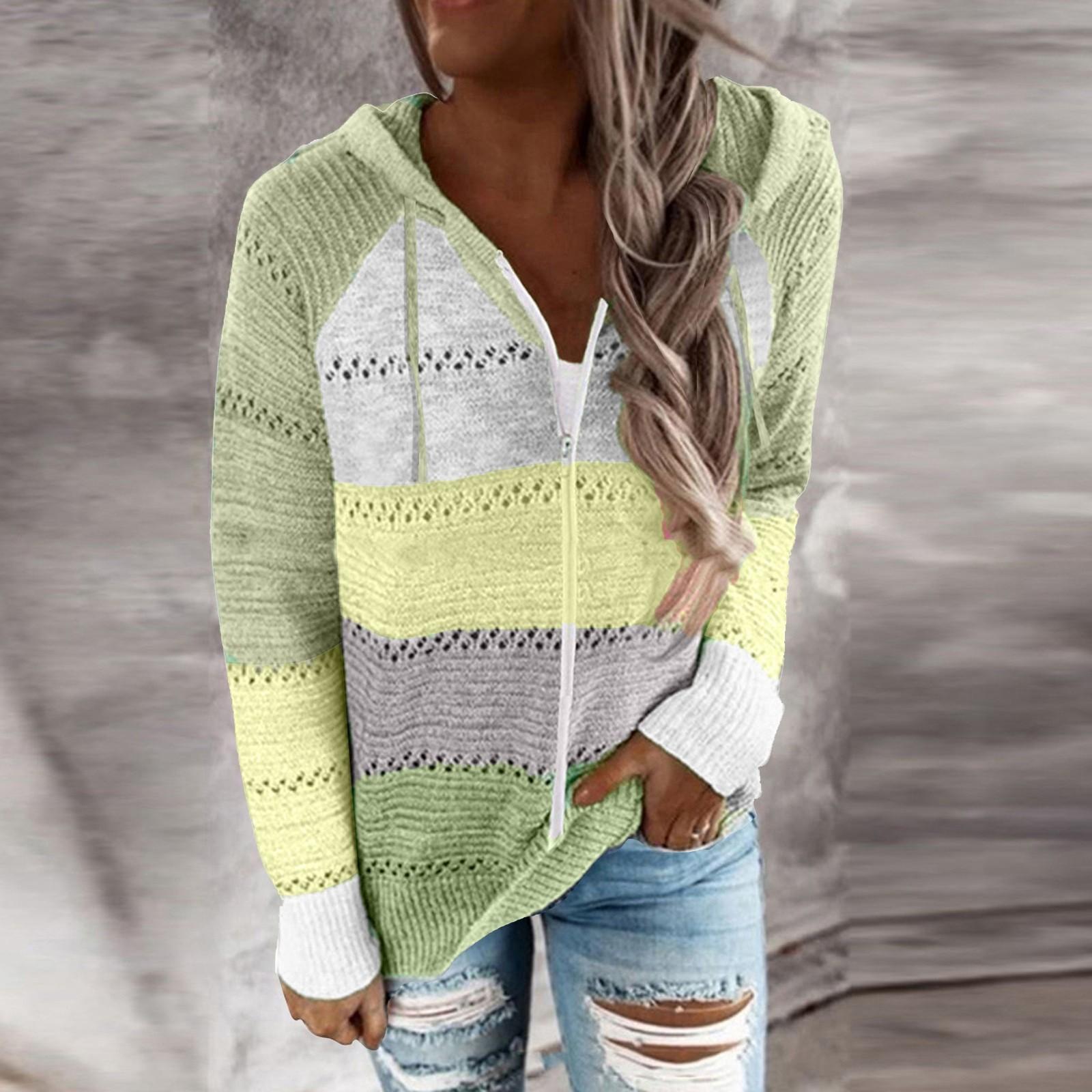 

Женские свитера с капюшоном на молнии с цветными блоками, кардиганы с длинными рукавами, толстовки S зелёный