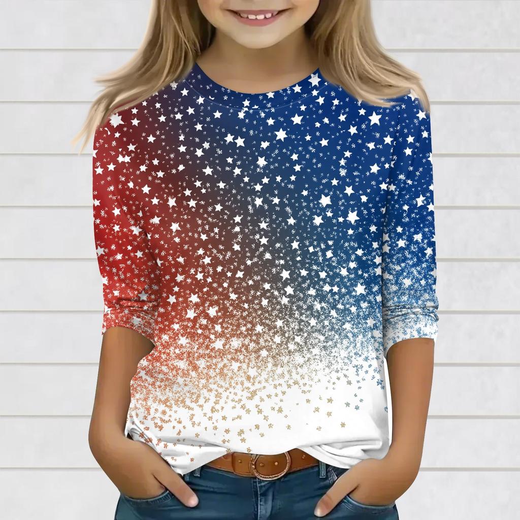 Topuri cu imprimeu pentru fete tinere 3-10 ani Gât rotund Mâneci 3/4 Tricouri Topuri la modă Ținută Tricouri