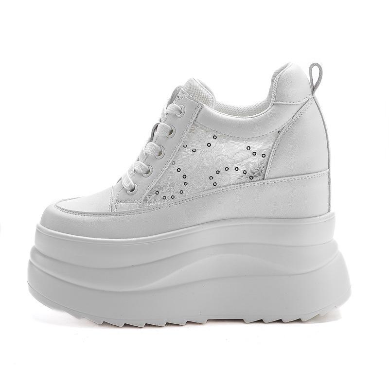 

13cm Thick-sole Women s Platform Shoes White/Black Lace-up Height Increasing Casual Sneakers Spring Autumn Ladies Shoes Comfort 33
