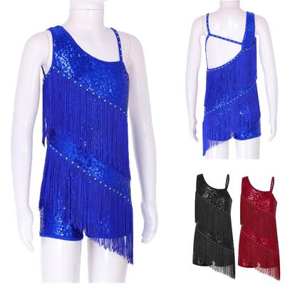 Crianças Meninas Borla Lantejoulas Dança Latina Mini Vestido Salão Moderno Traje de Dança