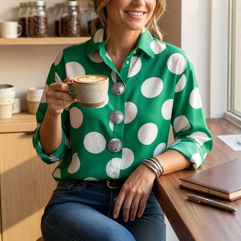 

Womens Polka Dot Print Turn Down Collar Long Sleeve Button Down Shirt S зелёный