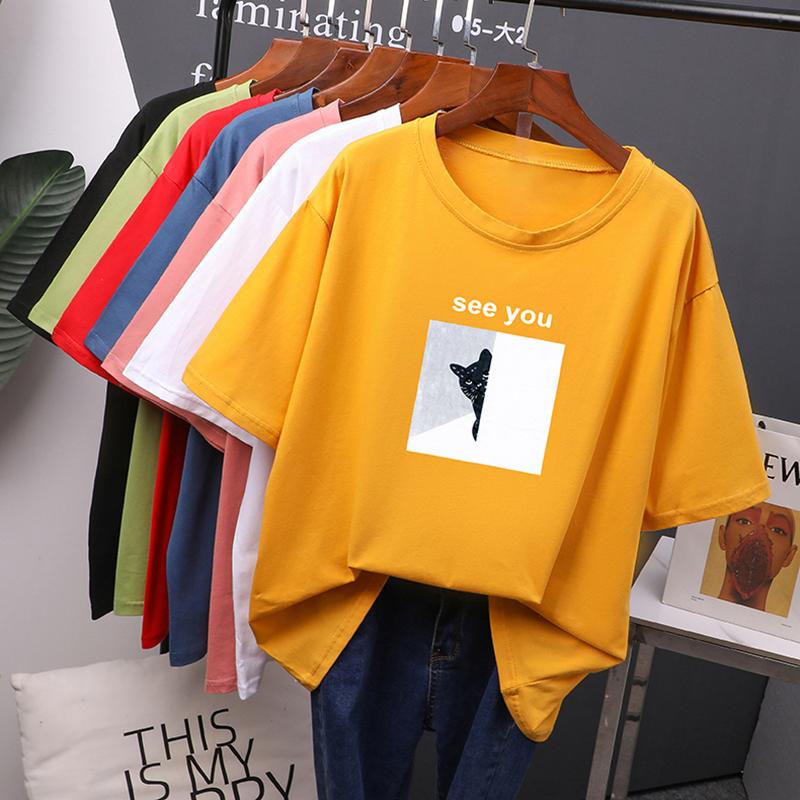 Hirsionsan Cartoon Printed Cotton Summer T Shirts Women Soft Kawaii Loose Tees Female Plus Size Short Sleeve Tops for Lady 2022