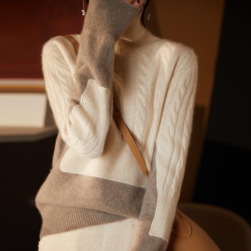 Color Matching Semi-Turtleneck Thick Knitted Sweater Twist Sweater Women'S Coat Loose New Fashion Temperament Bottoming Shirt Tide