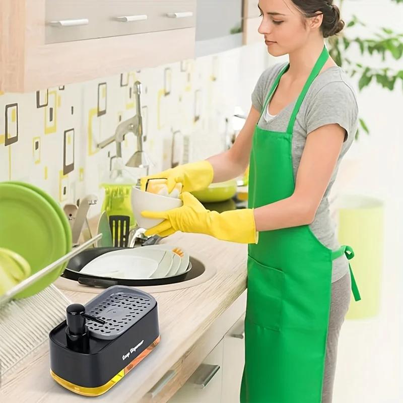 Hand and Dish Soap Dispenser Set Detergent Dispenser Sponge Holder 2-in-1 Countertop Soap Pump Dispenser for Kitchen Sink