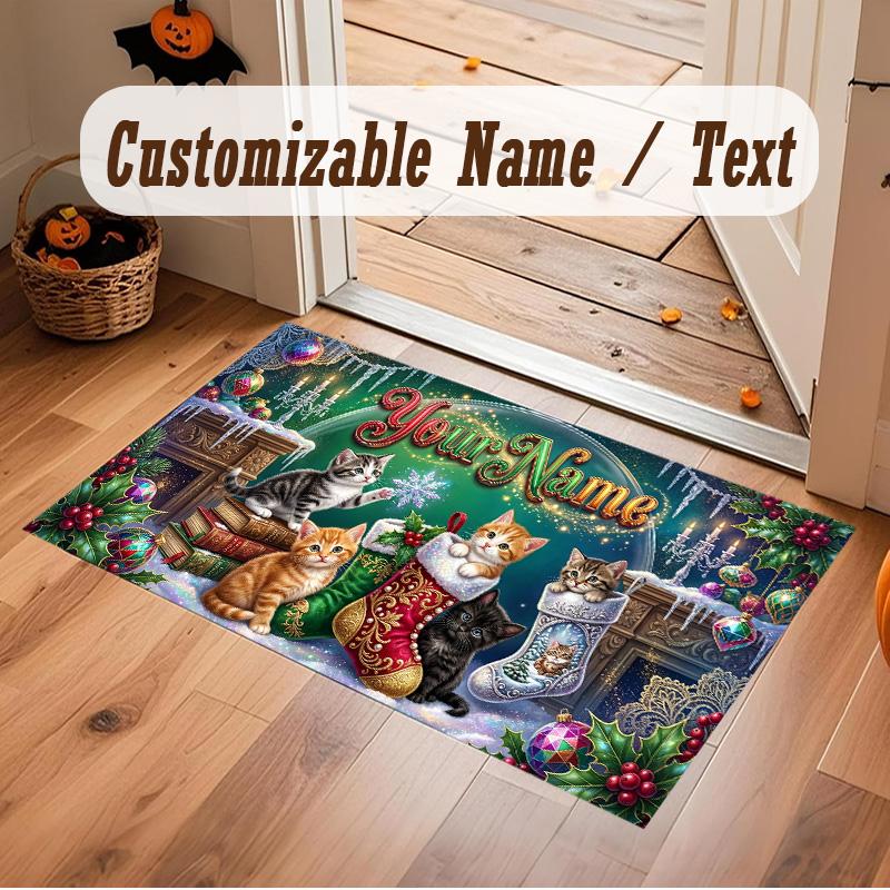 Christmas Theme Soft Crystal Velvet Rug Custom Name & Text Print Non Slip Floor Rug for Bedroom Living Room