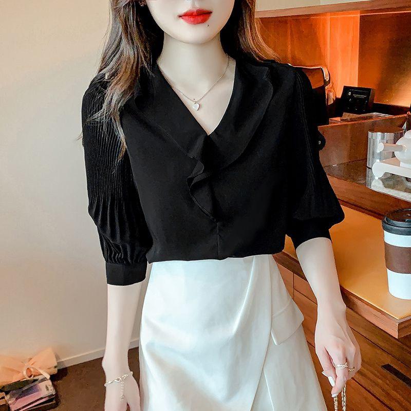 Summer New Style Ruffled V-neck Chiffon Shirt Women's Short-sleeved Fashion T-shirt Versatile Top