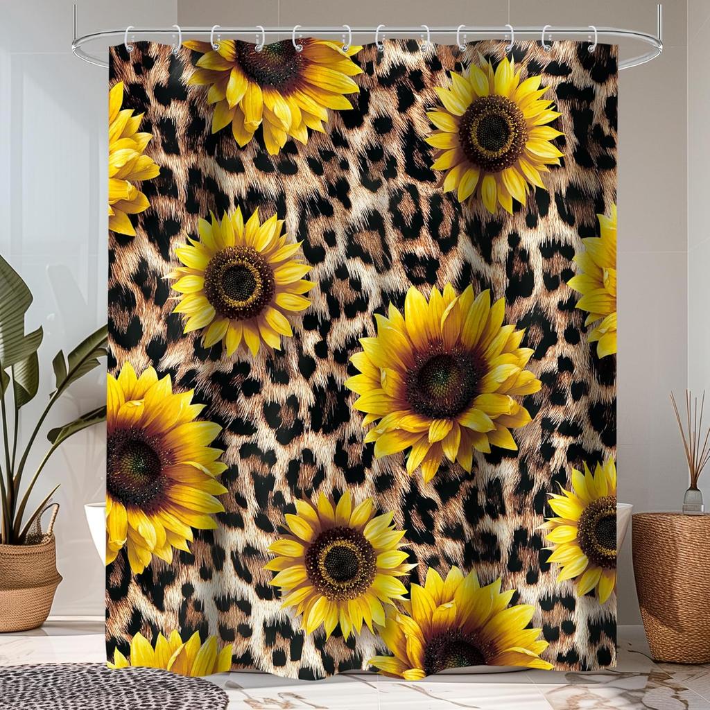 1Pc Multi-Pattern Shower Curtain Collection, Cow Print Leopard Cherry Bow Fabric Bath Decor With Hooks For Bathroom