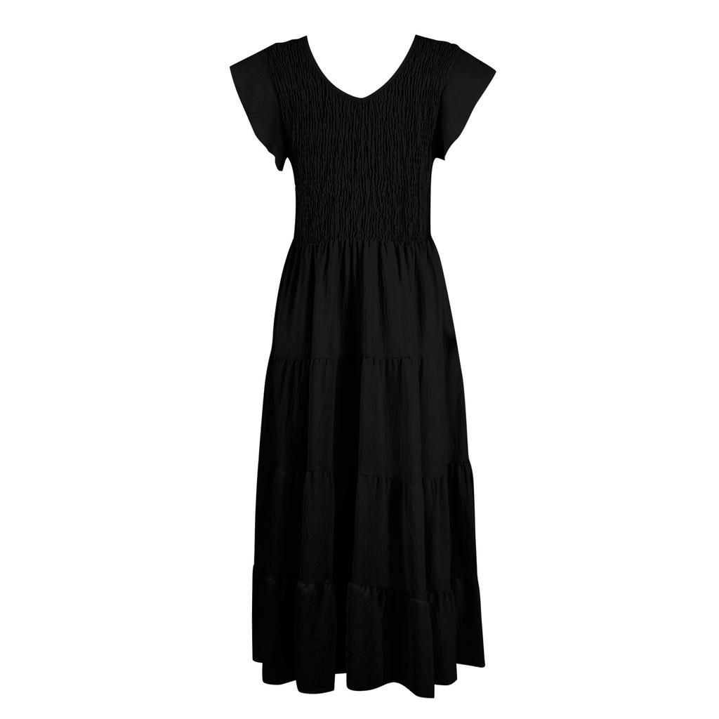 Rochii casual de damă, rochie midi fluidă cu mâneci scurte cu decolteu în V Rochie maxi de vară cu mâneci scurte cu decolteu în V pentru femei