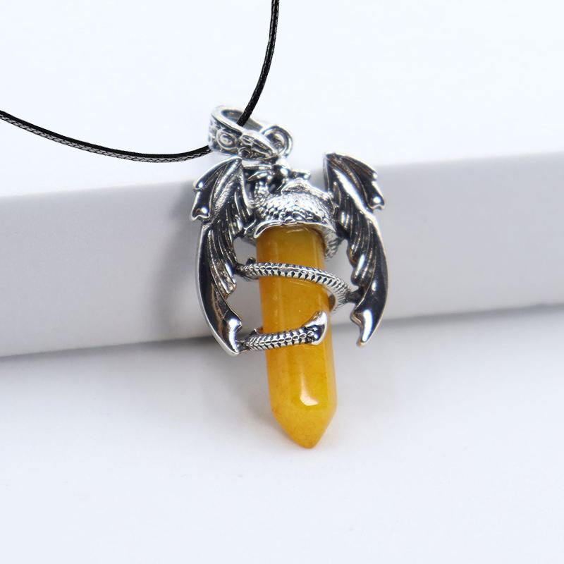 Animal Dragon Man Necklace Natural Gem Stone Healing Pink Quartz Hexagonal Crystal Pendant Vintage Jewelry for Women Gift