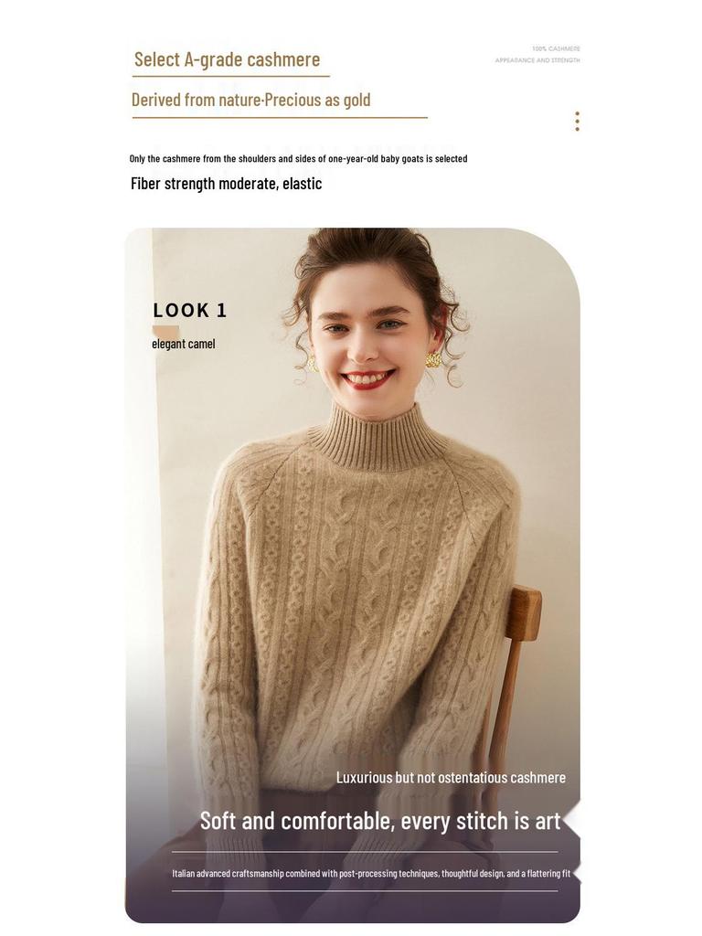 Damski modny kaszmirowy sweter z półwysokim dekoltem, warkoczowy, raglanowy