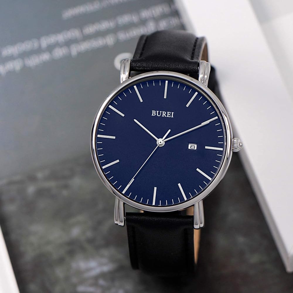 BUREI Men's Analog Watch Leather Waterproof Simple Business Date Quartz White Black Stylish Slim Watch