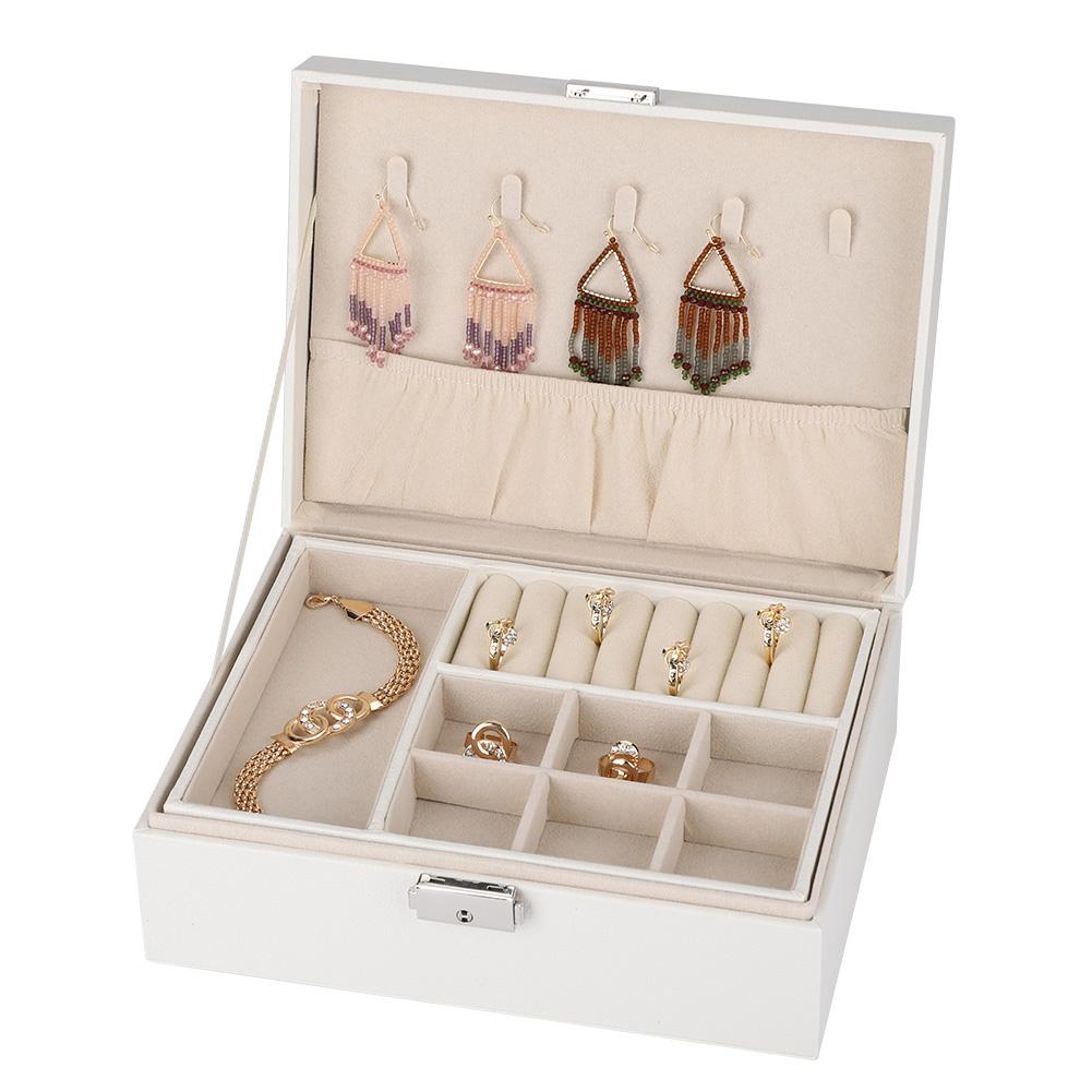 Double Layer Jewelry Earrings Rings Bracelet Necklace Box PU Organizer Storage (White)