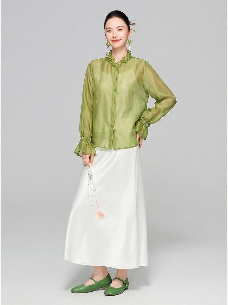Zhi Hetang Women's Soft Silky Ruffle Long-Sleeve Shirt, New Chinese Style, Spring 2026 Arrival