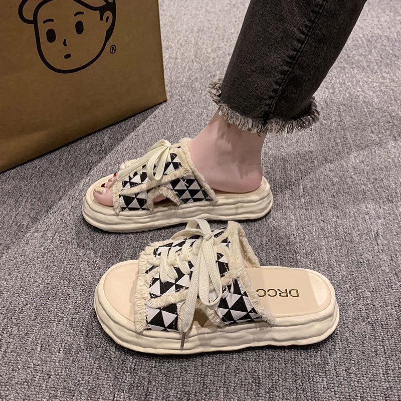 Fashion Versatile Thick-bottomed Non-slip Casual Cool Slippers Women's New Summer 2025 Outer Wear Small Fragrant Style Lace-up Slippers