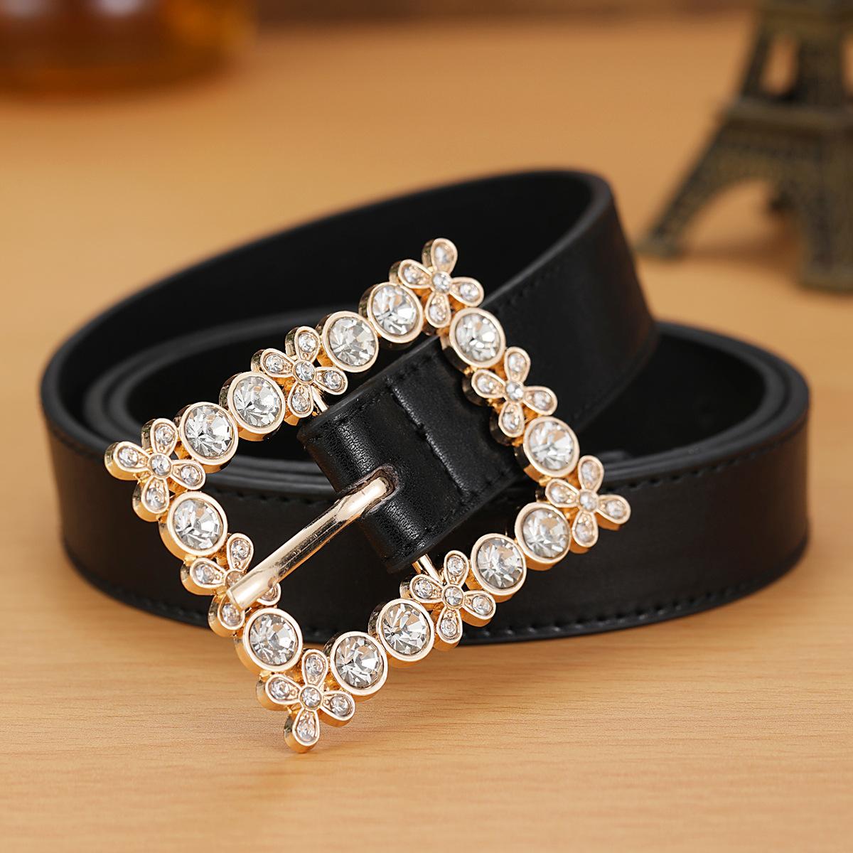 

Женский ремень из сплава с инкрустацией стразами и пряжкой, простой пояс для юбки, декоративный пояс 112cm чёрный
