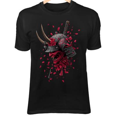 Dämonen Samurai Totenkopf T-Shirt – Rissige Oni Maske, Schwarze Sakura, Katana Kunst