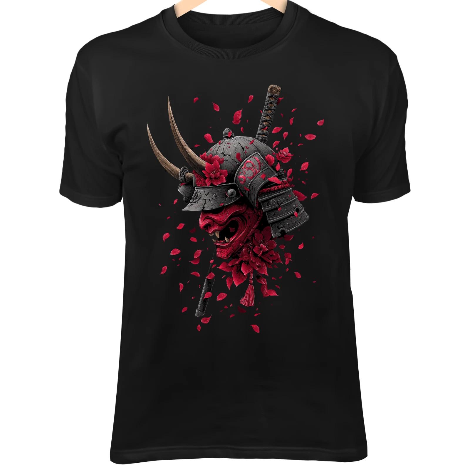 Футболка «Череп Демона-Самурая» – Треснувшая Маска Они, Черная Сакура, Искусство Катаны S