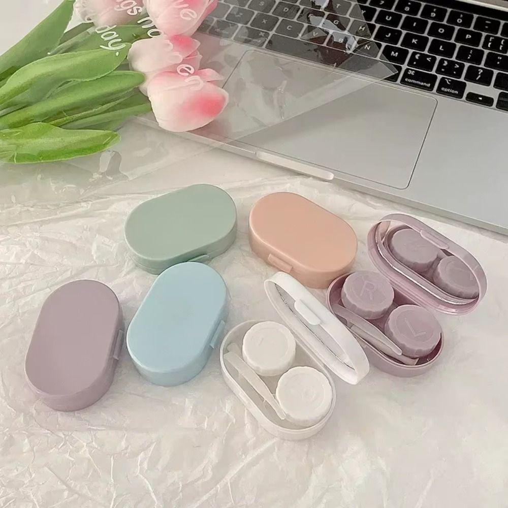 With Mirror Eye Care Kit Creamy Color Storage Box Portable Contact Lens Case  For Women
