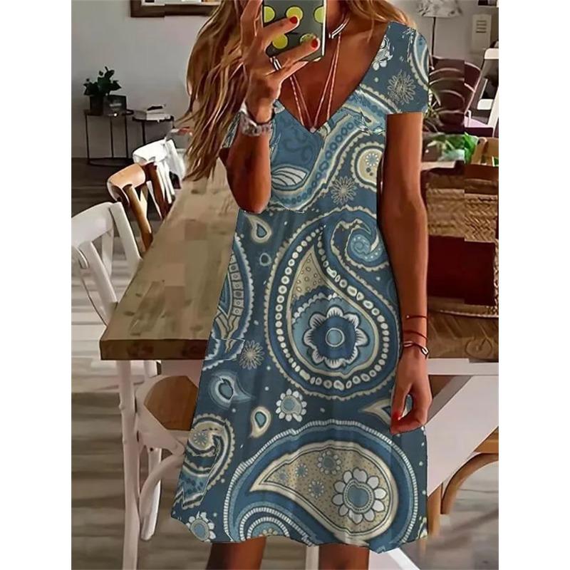 Vintage Kurzarm Damen Neues Kleid Sommer Pullover Mode Oversized Kleid Lässig Locker V-Ausschnitt Damenkleid Blumenprint
