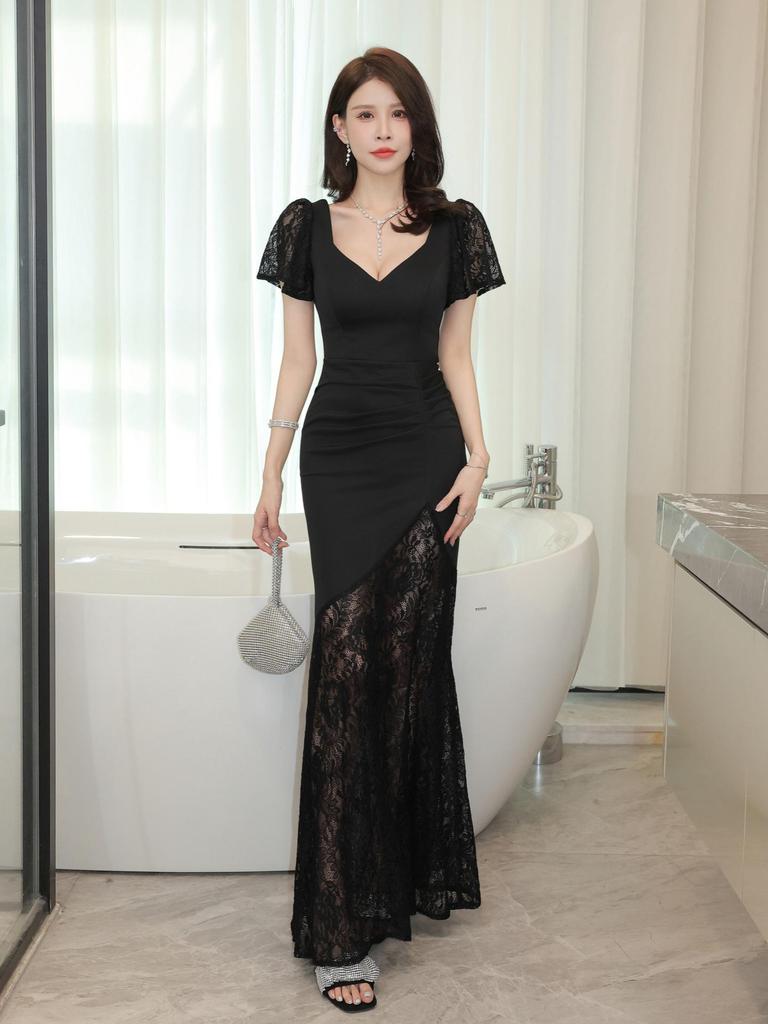 KTV Sauna Technician Deep V Evening Gown – Elegant and Sexy Dress for Work and Banquets
