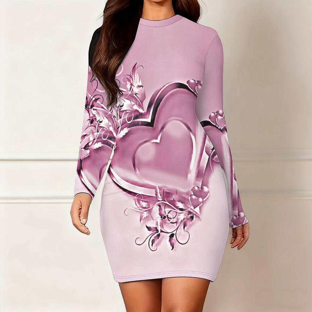 Nova Moda Feminina Outono e Inverno 2025 Vestido Longo de Manga Comprida com Gola Redonda e Estampa e Tingimento com Padrão de Amor 3D Edição Limitada Dia dos Namorados