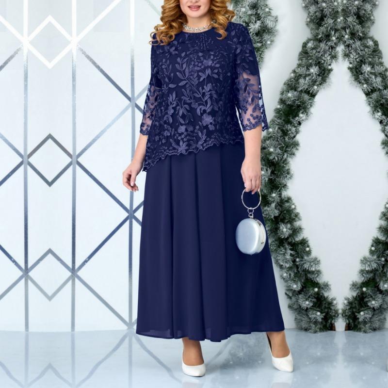 Plus Size Women's New Fashion Lace Chiffon Dress