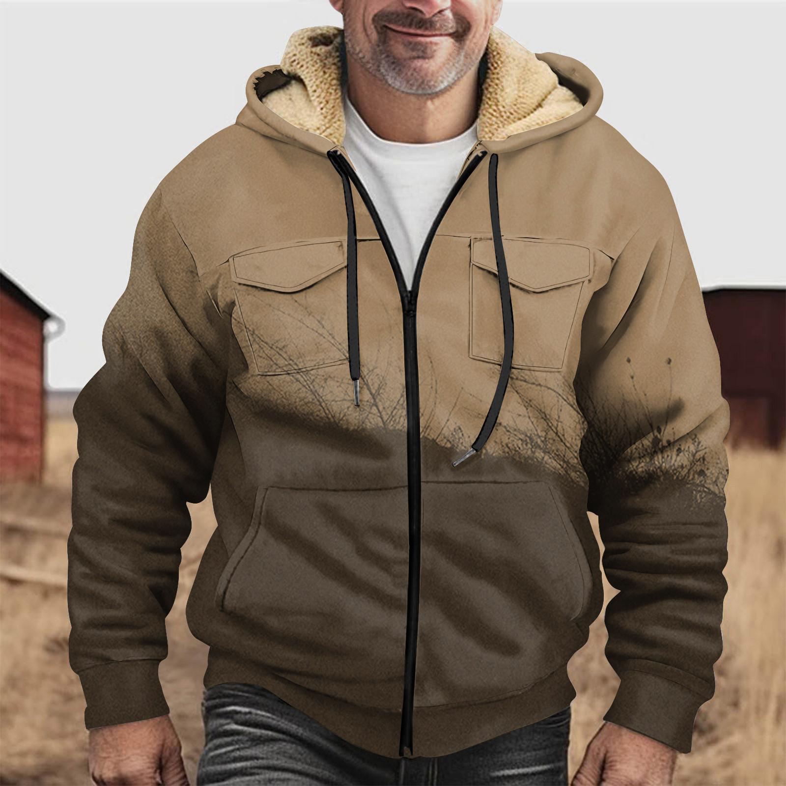 

Мужская зимняя флисовая толстовка с капюшоном на молнии с накладным карманом, повседневная куртка M коричневый